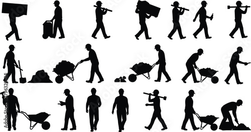 Construction workers silhouettes performing various tasks, industrial labor poses, teamwork, tools, safety gear, manual work, vector illustration for stock content