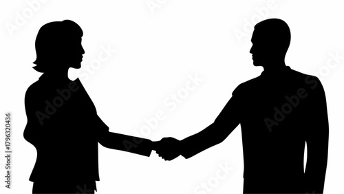 Silhouette of a man and woman in suits shaking hands against a white background depicting a business deal | editable eps vectors