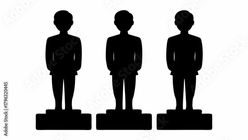 Three black silhouettes of people standing on platforms against a white background are displayed here | editable eps vectors