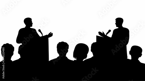 Silhouette illustration of two speakers at podiums addressing an audience in a public speaking engagement | editable eps vectors