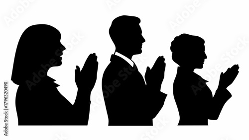 Silhouette of three people in profile with hands clasped in prayer or greeting on a white background | editable eps vectors
