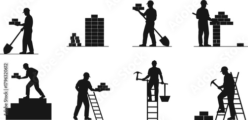 Construction workers silhouettes with bricks, ladders, tools, teamwork, labor tasks, industrial safety, building process, masonry, site activity, black vector icons