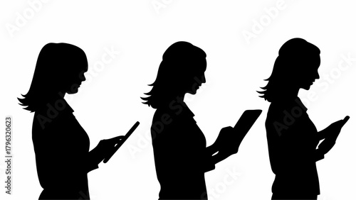 Silhouette of three women using tablets with white background and dark outlines showing their profiles | editable eps vectors