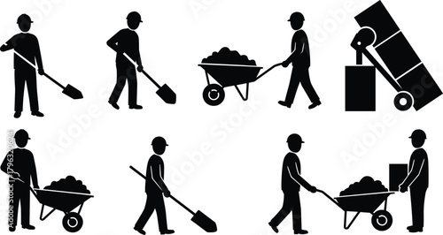 Construction workers silhouettes with shovel, wheelbarrow, hand truck, manual labor icons for industrial, safety, teamwork, transportation, and equipment themes
