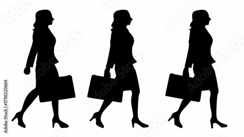 Three silhouettes of businesswomen walking with briefcases in a row against a white background image view | editable eps vectors
