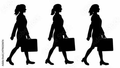 Three silhouettes of businesswomen walking with briefcases in a row against a white background image view | editable eps vectors