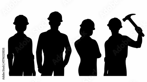 Silhouette of four construction workers wearing hard hats with one holding a hammer in their hand pose group | editable eps vectors