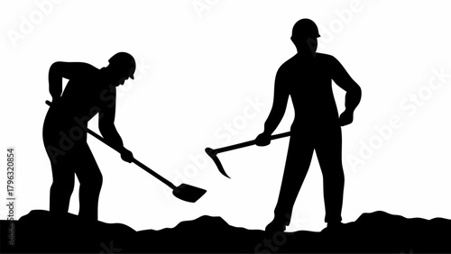 Silhouette of two construction workers digging with a shovel and a pickaxe on a construction site area | editable eps vectors