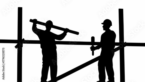 Silhouette of two construction workers assembling scaffolding on a construction site with white background | editable eps vectors