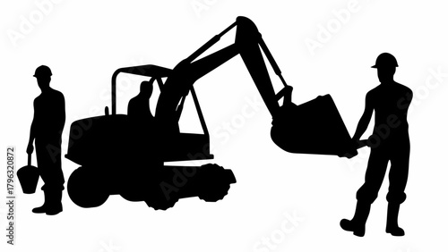 Silhouette of excavator and two workers with hard hats in construction site on a white background | editable eps vectors