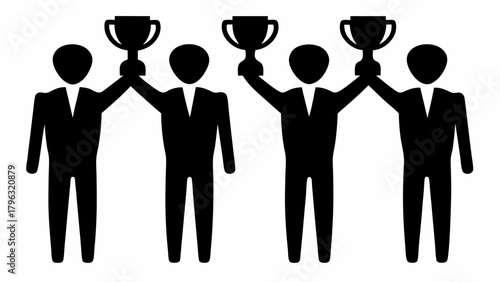 Silhouette of four people in suits holding trophies above their heads in a celebratory gesture | editable eps vectors
