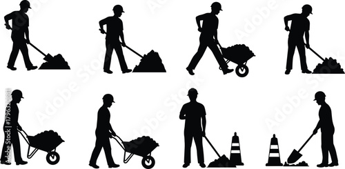 Construction workers silhouettes with tools, wheelbarrows, and traffic cones performing manual labor tasks for roadwork, safety, and industrial site design