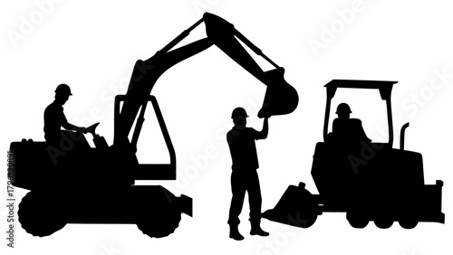 Silhouette of construction workers with excavator and bulldozer on a white background working together | editable eps vectors