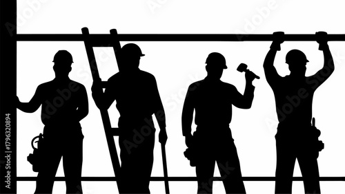 Silhouette of construction workers with tools and ladder working on a construction site in black and white | editable eps vectors
