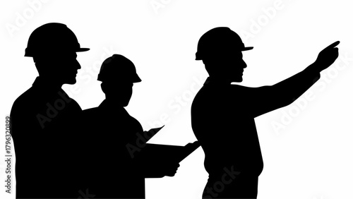 Silhouette of three construction workers one pointing and one holding plans on a white background view | editable eps vectors