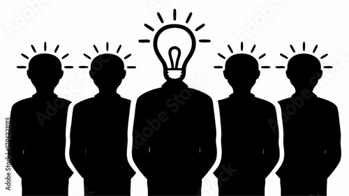 Group of people silhouettes with lightbulb head representing idea generation and innovation concept | editable eps vectors