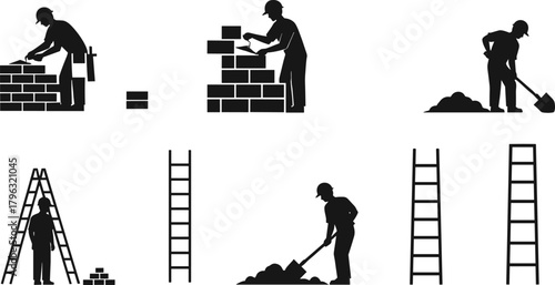 Construction workers with tools, bricks, ladders, and shovels in silhouette style for labor, industry, teamwork, and building site vector design