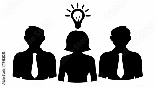 Silhouette of three people with a light bulb above the middle person representing an idea generation concept | editable eps vectors