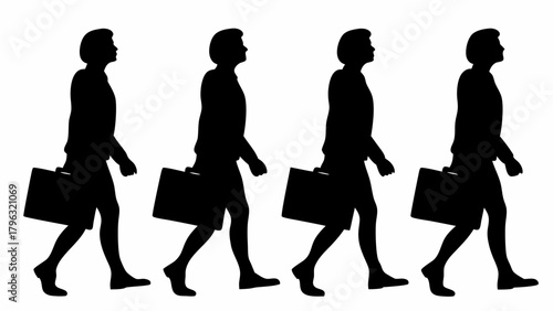 Four silhouettes of business people walking with briefcases in a row on a white background in a pattern | editable eps vectors