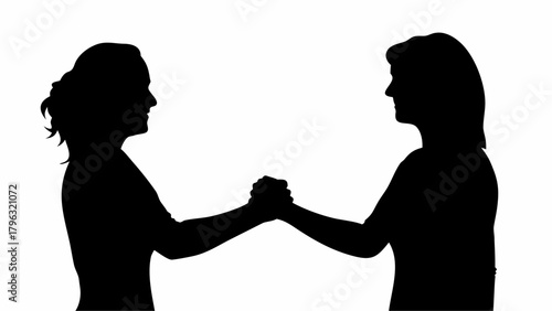 Two women silhouette holding hands in a gesture of unity and support against a white background scene image | editable eps vectors