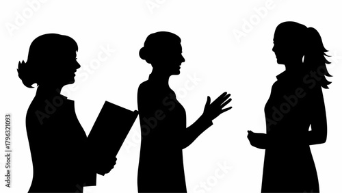 Three women in silhouette are engaged in a discussion one holding a file in a professional setting indoors | editable eps vectors