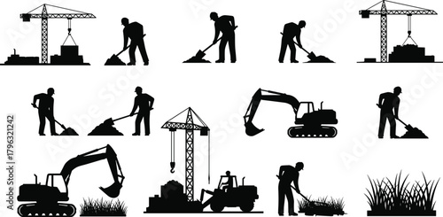 Construction workers, cranes, excavators, landscaping tools, digging, lifting, soil movement, industrial labor, black silhouette vector for infrastructure themes