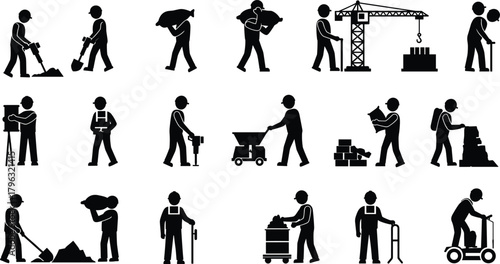 Construction workers, labor icons, teamwork, industrial tools, manual tasks, site safety, cargo handling, vector silhouettes for building, transport, and logistics themes