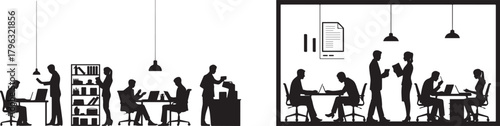 Office silhouette vector illustration of people working and meeting together now