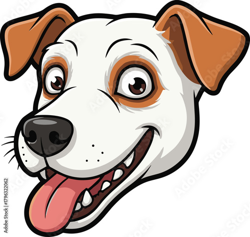 Happy cartoon dog face with brown ears, white fur, tongue out, smiling expression, pet mascot vector for stock illustration