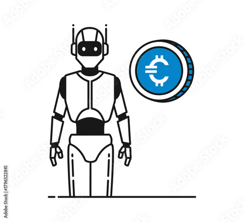 Artificial intelligence and finance concept with a humanoid robot and a Euro coin icon.