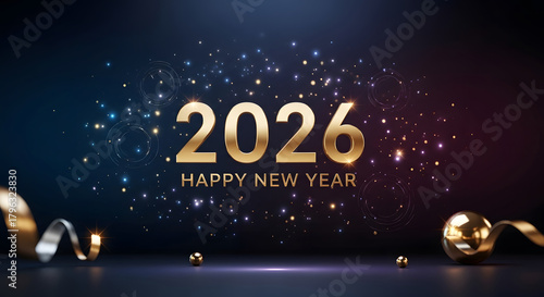 Golden 2026 Happy New Year text with sparkling lights and ribbons image