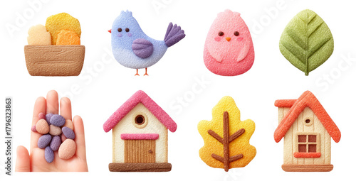 Colorful Handmade Objects Featuring Bird, Leaf, House, and Decoration Elements