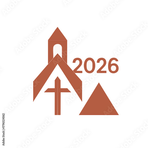 Sacred Place & Symbol: An artistic representation of a place of worship, centered around the Christian faith, with a cross, a steeple, and a pyramid, embodying faith and time's progression.