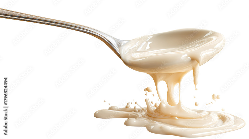 Fototapeta premium Condensed milk flowing down from spoon isolated on transparent white background,