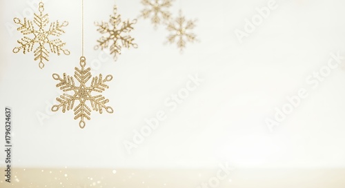 Elegant Golden Sparkling Snowflakes Hanging on a Soft White Background for Winter Holiday Decorations and Greetings