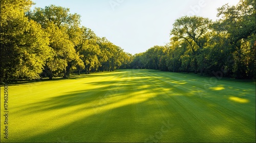 Fototapeta Naklejka Na Ścianę i Meble -  Golf course fairway with lush green grass, sunlit landscape with trees and clear sky, wide view, copy space.