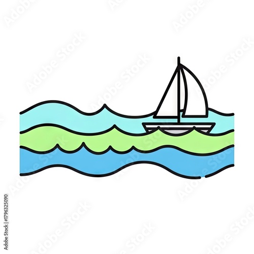 Stylized Illustration of a Sailboat Floating on Colorful Waves Against a White Background