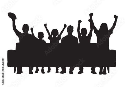  Group of happy people cheering and celebrating together on a couch silhouette