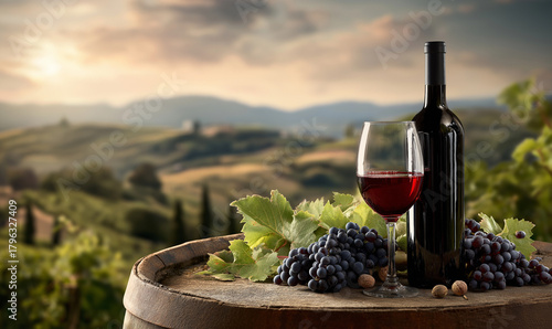 Savor the Moment with Red Wine and Grapes on Rustic Barrel against Tuscan Vineyard, Perfect for Gourmet Food and Beverage Designs or Inviting Lifestyle Ads