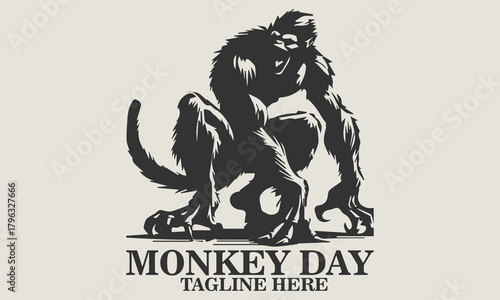 silhouette vector of a fierce, monstrous ape creature in a crouching attack pose. monkey day icon, scared monkey vector illustration and monkey day for halloween