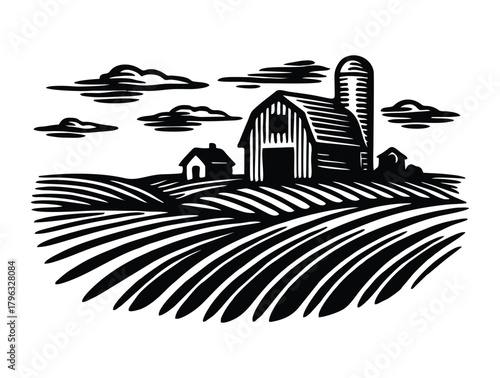 Black and white engraved farm scene with barn, silo, and fields.