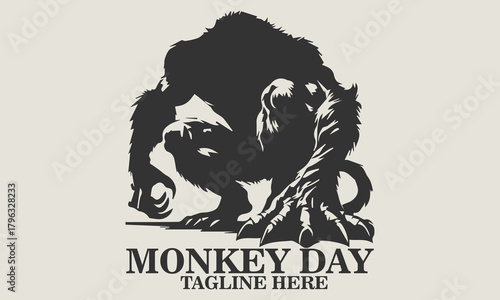 silhouette vector of a fierce, monstrous ape creature in a crouching attack pose. monkey day icon, scared monkey vector illustration and monkey day for halloween