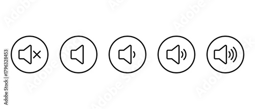 Volume level icon in circular outline. Speaker with sound waves symbol