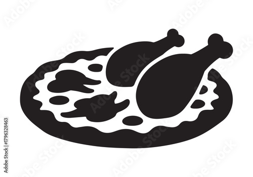  Simple black silhouette of a roasted chicken on a platter with decorative edges silhouette