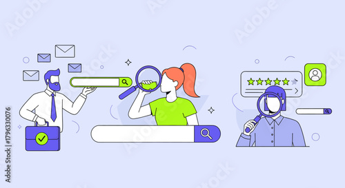 People using search engine and magnifying glass for online research and data analysis