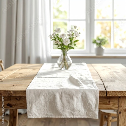 Wooden Table With White Table Runner And Vase Of White Flowers Near Window With Natural Light
