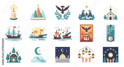A collection of flat design icons depicting historical exploration, religious symbols, cultural elements, and traditional objects.
