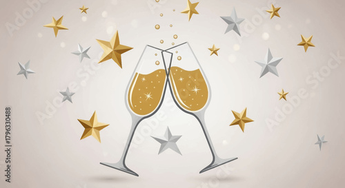 Two elegant champagne flutes clinking together amidst a shower of gold and silver stars, symbolizing celebration and festivity.