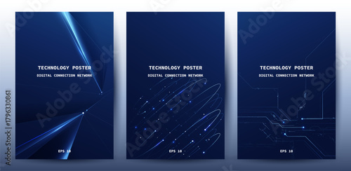 Futuristic digital blue line technology poster set, glowing lines innovation and connection network background for tech event poster or presentation product business