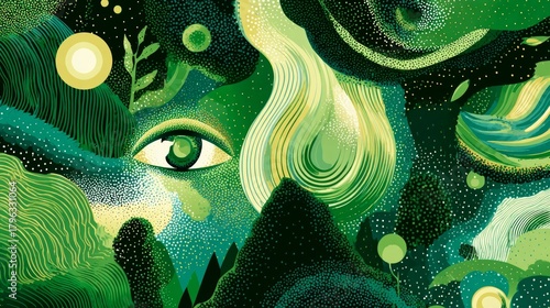  Close-up of a Green Eye in a Mystical Landscape with Mountains, Foliage, Moon, and Cosmic Elements, Symbolizing Vision.